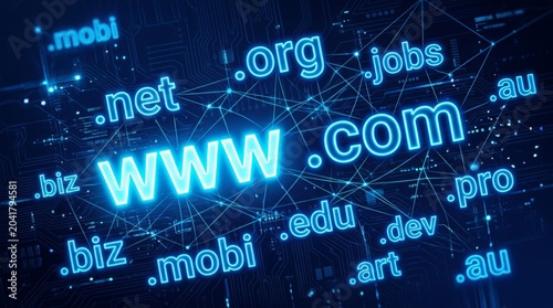 Digital network connecting global websites and domain extensions in a futuristic cyberspace.