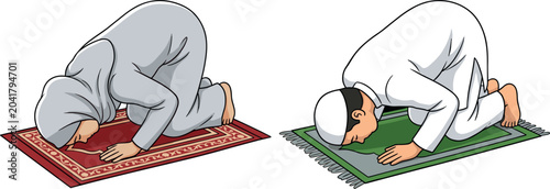Фотография Muslim Men Performing Sujood Prostration Prayer Pose on Traditional Prayer Mat i