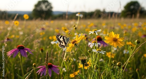 Delicate Butterfly Resting on Yellow Wildflower in Sunlit Summer Meadow