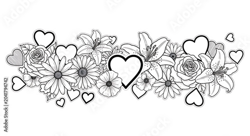 Romantic floral hearts with flowers isolated on a transparent background