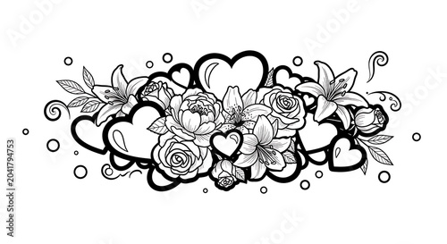 Romantic floral hearts with roses and leaves isolated on a transparent background