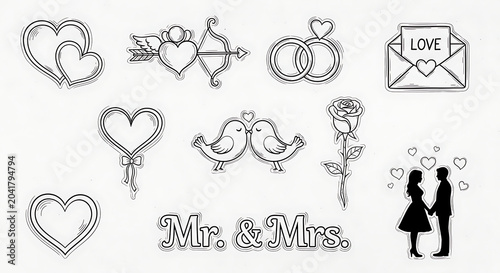 Romantic line symbols and text isolated on a transparent background