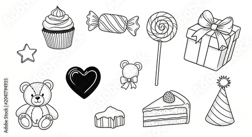 Teddy bear, cupcake, lollipop, gift box, heart, cake,... isolated on a transparent background
