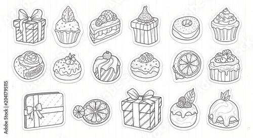 Assorted desserts and gift boxes in vintage style isolated on a transparent background