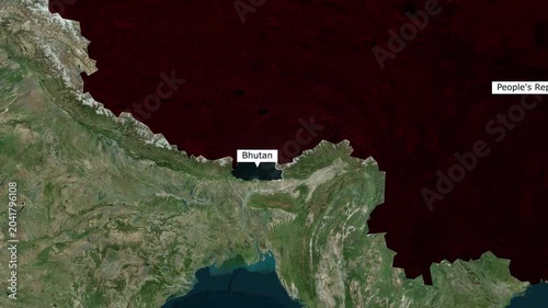 Satellite map animation of the landlocked Himalayan kingdom of Bhutan and China border for geopolitical analysis