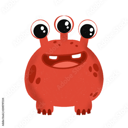 Bilde på lerret Cute red monster character, funny creature with three eyes and big smile, digita