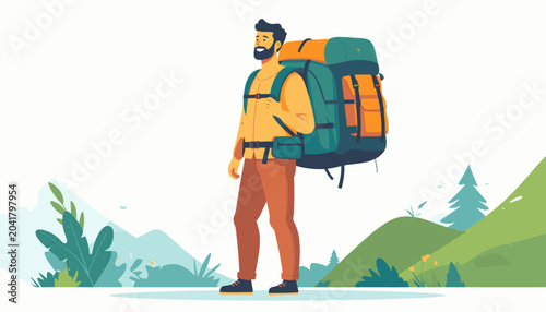 Adventurer with large backpack in a scenic outdoor landscape