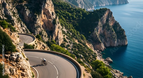 Cyclist riding on winding coastal road along sea cliffs
