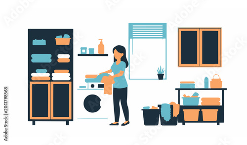 Φωτογραφία Happy Woman Sorting Clothes in Laundry Room with Washing Machine Vector Illustra