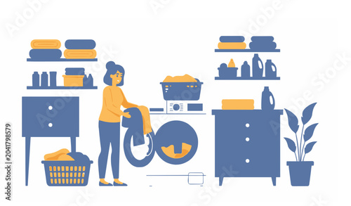 Fotografija Woman Doing Laundry with Washing Machine and Laundry Room Furniture Vector Illus
