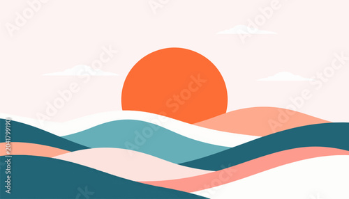 Abstract landscape with rolling hills and a large orange sun behind clouds