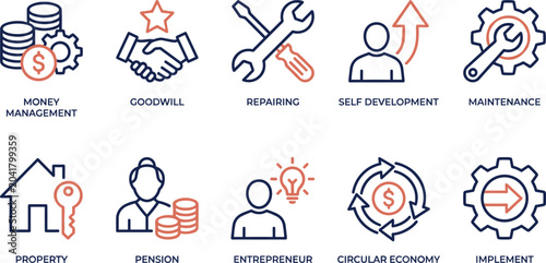 Photos Business and finance icons for money management goodwill repairing self development maintenance