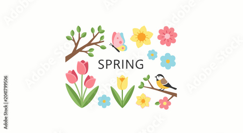 A colorful illustration of spring with flowers, a bird, a butterfly, and branches
