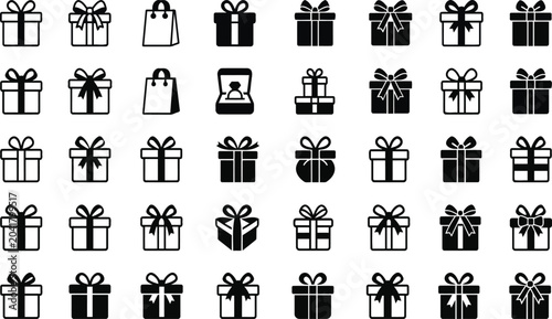 Premium Gift Box, Gift Box and Shopping Bag, Minimalist Gift Present Icons Bundle Outline and Solid Style Vector Collection