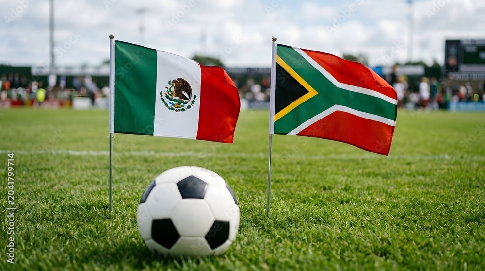 Naklejka premium Mexican and south african flags with soccer ball on green field