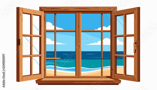 A wooden window frames a serene beach and ocean view with fluffy white clouds
