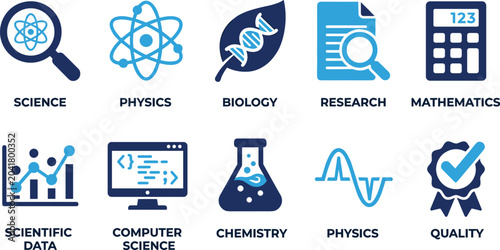 Tableau sur toile Chemistry and physics education icon set showing computer science research biology mathematics and data info