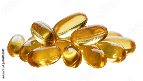 Konstfotografi Pile of translucent golden oval softgel capsules