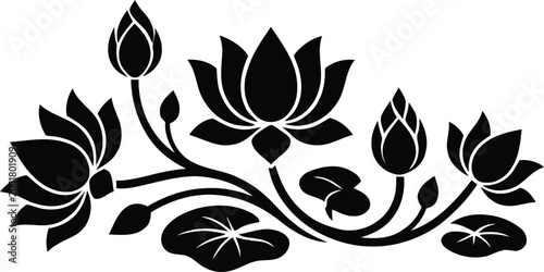 Photos An artistic black and white stencil structure drawing featuring sophisticated blooming lotus flower plants
