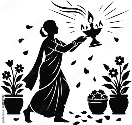 Fotografía A silhouette of an indian woman performing a traditional diya lamp prayer ceremony ritual