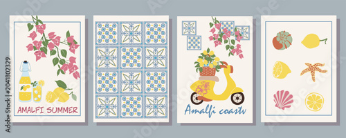 Foto Amalfi Poster Set. Limoncello Tile Scooter Seashells