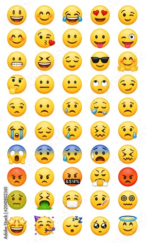 Yellow emoji face collection with 50 unique icons, diverse social media emoticons set, expressive digital character symbols for communication