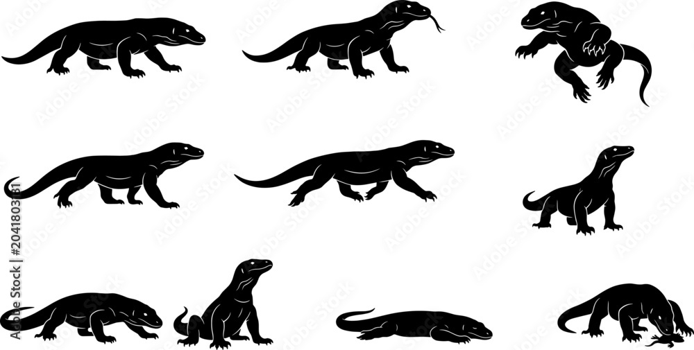 Obraz premium Monitor lizard komodo dragon silhouette variety set for use in nature documentaries and educational graphics