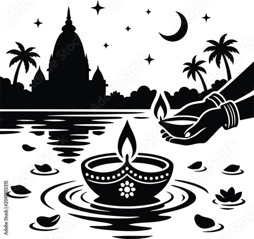 Tableau sur toile A serene night view of a traditional clay lamp floating on calm water near a temple during diwali festival