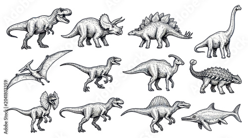 Foto Collection of Hand-Drawn Dinosaurs and Prehistoric Creatures