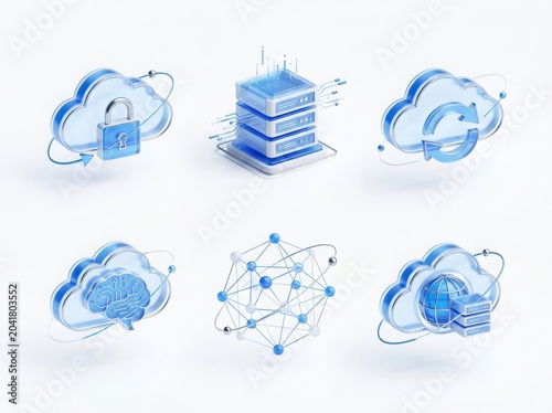 Six isometric 3d icons representing cloud computing server security artificial intelligence networking and global data storage rendered in a bright glossy blue style on white background
