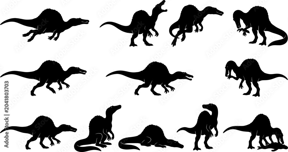 Fototapeta premium Spinosaurus dinosaur silhouette set featuring various walking and hunting poses in a prehistoric bundle collection