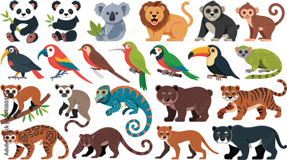 Fototapeta premium Collection of 20 cartoon-style animals, including pandas, koalas, lions, and monkeys.