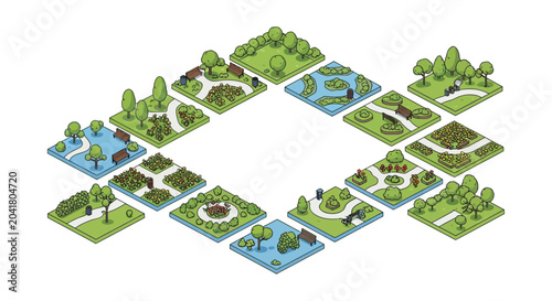 Photography park scene vector illustration trees ponds benches