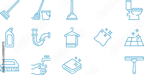 Tableau sur toile Series of bathroom sanitation items and cleaning supplies presented as set of minimal blue outline icons