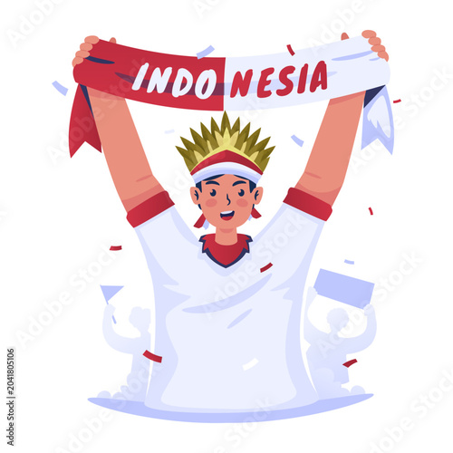 Male Indonesian Supporter Holding Scarf Vector Illustration
