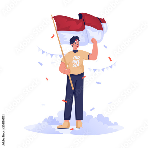 Indonesian Male Character Waving Flag with Clenched Fist Pose Vector Illustration