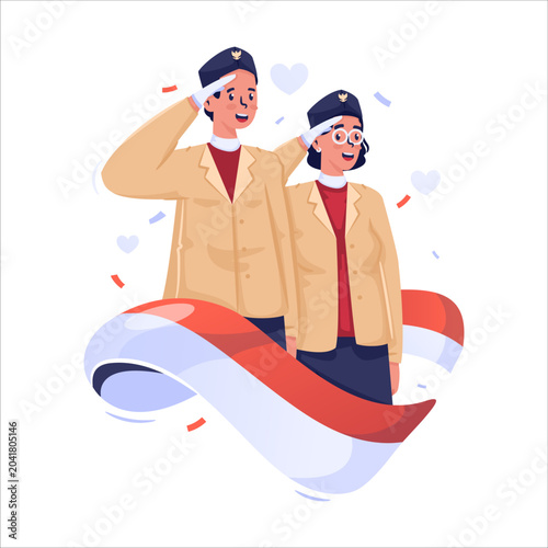Indonesian Youth Couple in Salute Pose Vector Illustration