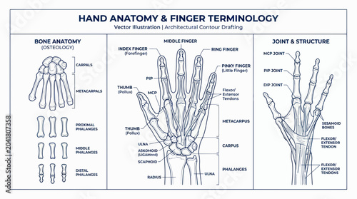 Konstfotografi Hand Anatomy and Finger Terminology Vector Illustration - Bones, Joints, Structu