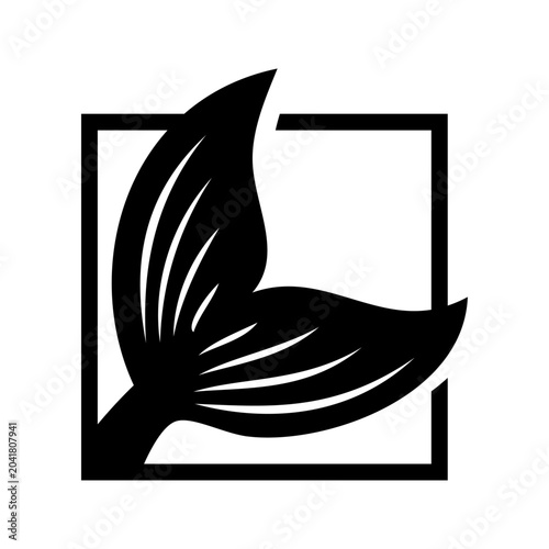 Logo fauna marina. Dibujo minimalista de la silueta de una cola de pez, en diagonal en un cuadrado con líneas 