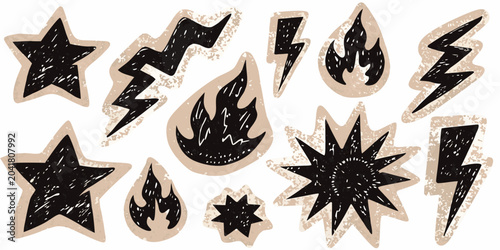 Konstfotografi set of hand drawn black sketchy stickers featuring stars and lightning hand draw