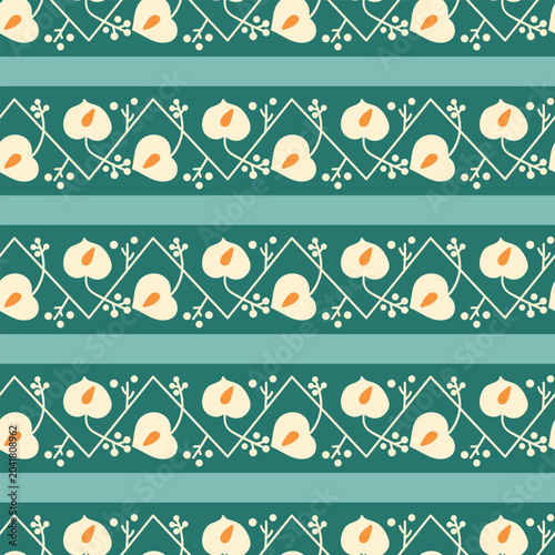 Seamless floral pattern with stylized heart-shaped flowers, delicate branches, and geometric diamond elements on a green background. Modern folk-inspired botanical ornament