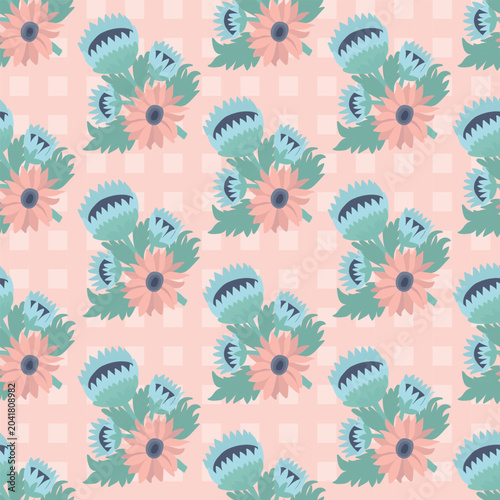 Seamless floral pattern with stylized pastel flowers and botanical foliage arranged on a soft checkered background. Ideal for fabric, wallpaper, wrapping paper, stationery, home decor. 