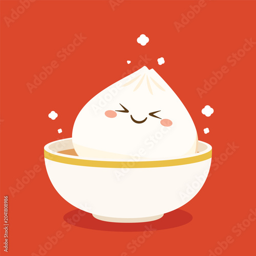 Cute Dim sum character, traditional Chinese dumplings, with funny smiling faces. Kawaii Asian food vector.