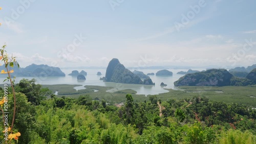 sea and mountains landscape with blue sky in Phang Nga
