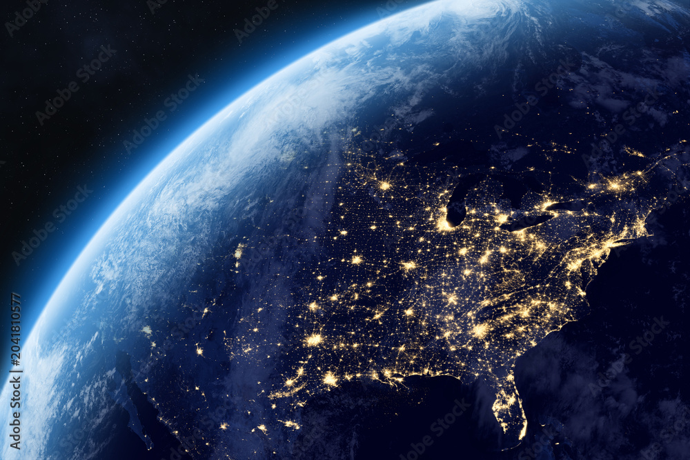 Obraz premium Nightly Earth planet. Planet Earth in outer space. North America at night viewed from space, Canada, United States and Mexico. Night on planet with cities lights. The east coast of the US.