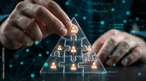 Hand assembling team structure puzzle with glowing icons