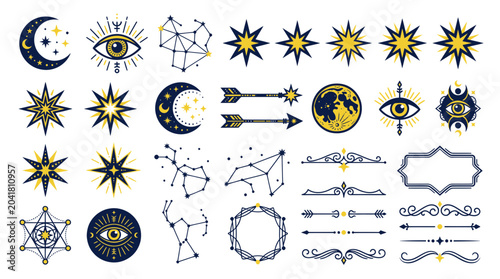 Schilderij op canvas Celestial Symbols, Stars, Moon, Constellations, Mystical Eye Icons, Astrology Gr