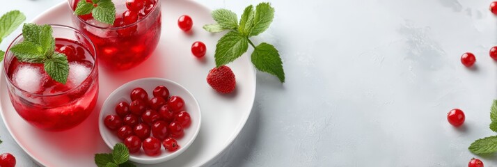Juneteenth celebration table banner with refreshing red fruit drinks cherries and mint for summer party header or menu background