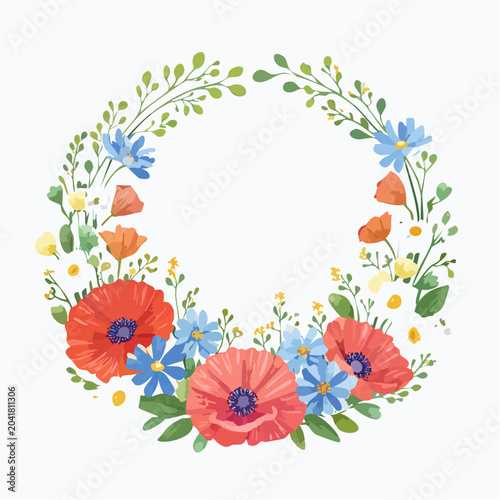 Floral Wreath Border: A vibrant circular wreath composed of delicate poppies, cheerful blue wildflowers, and lush green foliage creates a beautiful decorative border.