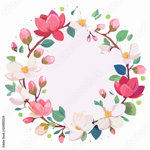 Floral Wreath of Spring Blossoms: A vibrant, circular arrangement of delicate pink and white blossoms, buds, and green leaves evokes the fresh beauty of spring.
